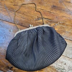 Vintage Classic Handbag Small Black Satin Convertible‎ Satchel Clutch Kiss Lock